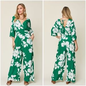 Green Floral Printed Tie Back Wide Leg Jumpsuit